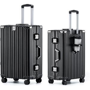 HotWay 20 Inch Aluminum Frame Carry On Luggage with Spinner Wheels, PC Hard Shell Suitcase with Cup Holder, Zipperless Luggage for Business Travel, Black (Missing wheel needs replaced key missing)