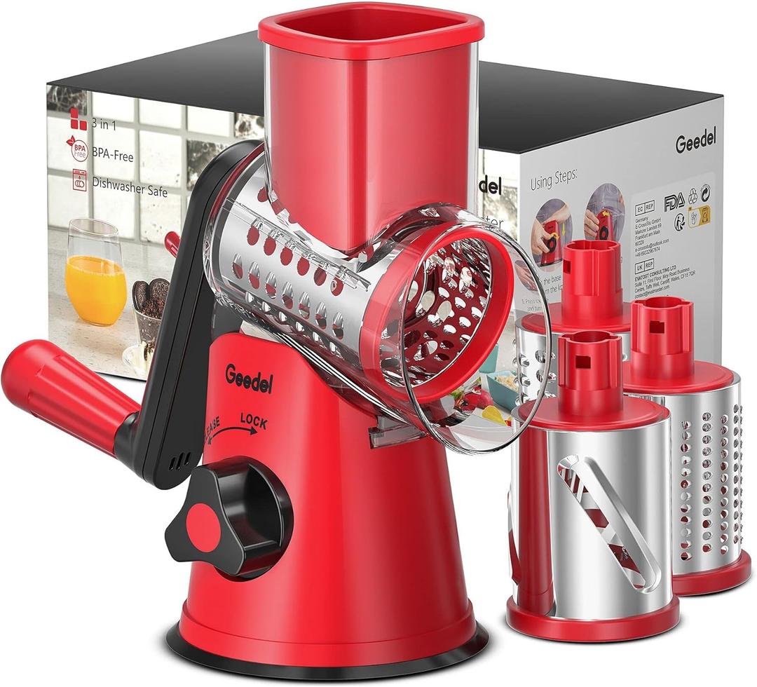 Geedel Rotary Cheese Grater, Kitchen Mandoline Vegetable Slicer with 3 Interchangeable Blades, Easy to Clean Grater for Fruit, Vegetables, Nuts (Red)