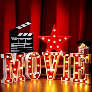 Aurelema 7 Pcs 6.3" Movie Light up Letters Sign LED Movie Night Party Decorations Include Theater Letters Film Clap Board and Marquee Star Sign for Party Photo Props Table Centerpieces(10'' Height) Aurelema 7 Pcs 6.3" Movie Light up Letters Sign LED Movie Night Party Decorations Include Theater Letters Film Clap Board and Marquee Star Sign for Party Photo Props Table Centerpieces(10'' Height)