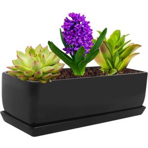 Vencer 14 Inch Rectangular Modern Minimalist Ceramic Succulent Planter Pot - Window Box with Saucer,Office Desktop Potted Stand,Black,VF-0175B