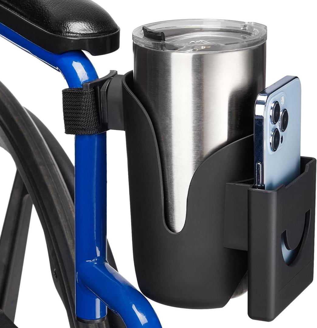 JOYTUTUS Cup Holder for Wheelchair, 2 in 1 Water Bottle Holder and Phone Bracket, Universal Drink Cup Holder for Walker, Rollator, Stroller, Scooter