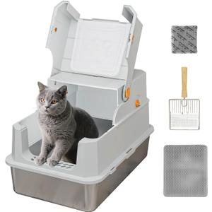 TENTIZON Stainless Steel Extra Large Covered Cat Litter Box with Lid, High Sides, Litter Mat, Scoop, Hooded Enclosed Kitty LitterBox for Big Cats Up to 24lbs, Multi-Cat, Ordor Control, Easy Clean (Light Grey)