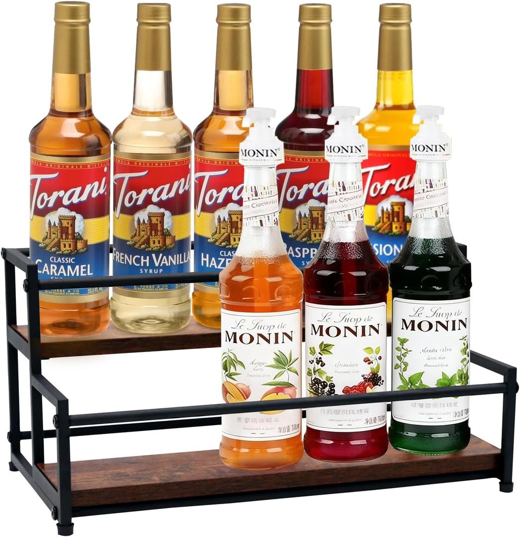 Coffee Syrup Rack Organizer - 2-Tier 10 Syrup Bottles Holder for Coffee Bar, Liquor Bottle Display Shelf - Rustic Kitchen Cabinet for Spices, Jars - Stepped Pantry Shelf for Wine, Tea & Bottles