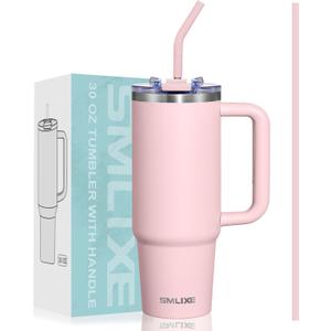 30 oz Tumbler with Handle, Tumbler with Lid and Straw, Double Wall Vacuum Insulated Travel Mug Stainless Steel Tumbler for Hot and Cold, Cupholder Friendly (Pink)