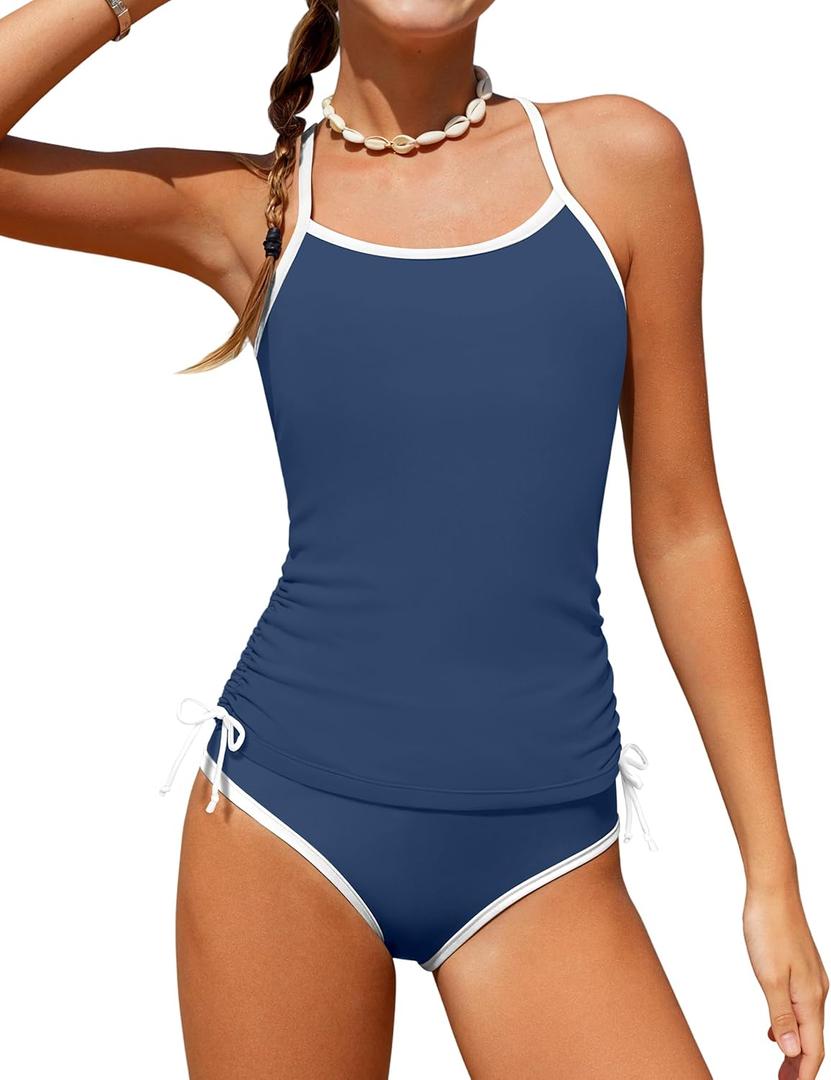 Girls Swimsuit Two Piece Cross-Back Straps Girls Tankini Contrast Trim Drawstring Girl Bathing Suit for Teens, 13-14Y