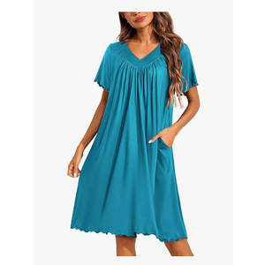 Ekouaer Women's House Dress with Pockets Moo Moo Nightgown V Neck Sleepwear Pleated Floral Print Mumu Dress M