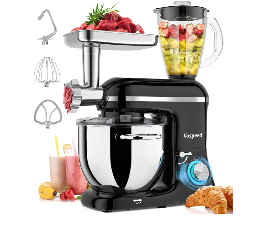 Vospeed 9 IN 1 Stand Mixer, 850W Tilt-Head Multifunctional Electric Mixer with 8 QT Stainless Steel Bowl, 1.5L Glass Jar, Meat Grinder, Hook, Whisk, Beater Dishwasher Safe (Black)
