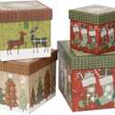 Oairse Christmas Boxes for Gifts with Lids for Presents Set of 4 Nesting Christmas Gift Boxes with Lids Set in 3 Assorted Designs Square Small Favor Box Paper Mache Box for Xmas, Holiday (Green & Red)