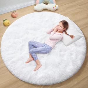 EVOIONOS White Round Rug for Bedroom, 4x4 Ft Fluffy Soft Circle Area Rugs for Living Room, Plush Shaggy Circular Carpet for Indoor Floor Bedside Girls Nursery, Machine-Washable Home Decor Aesthetic