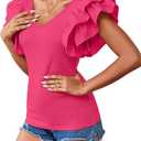 Vrtige Women's V Neck Ruffle Cap Sleeve Summer Blouse Top Shirt (Pink, S)
