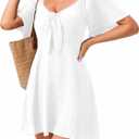 Womens Dresses 2025 Spring Summer Deep V Neck Casual Bow Tie Mini Cocktail Beach Dress (Large, White)