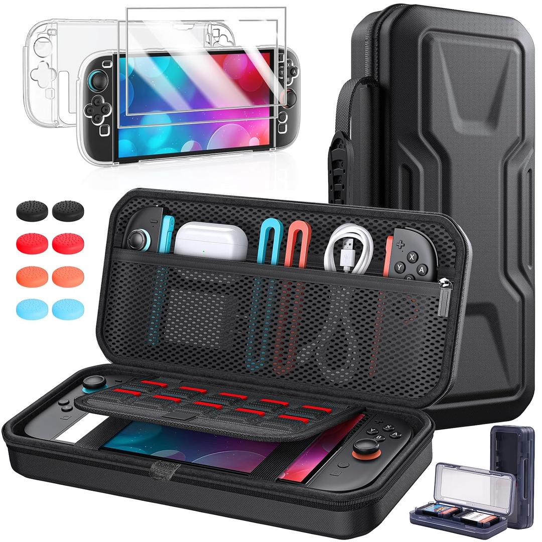 FYOUNG All in One Accessories Case Bundle for Nintendo Switch 2 2025, Portable Carrying Case & Clear Hard Cover Shell, 2 Screen Protector, 8 Thump Grips, Game Card Slots, for Travel & Storage