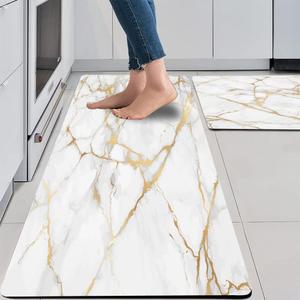 Mrcrypos Gold White Kitchen Rugs Cushioned Anti Fatigue 2 PCS Marble Kitchen Mats PVC Non Slip Waterproof Kitchen Mats for Floor Sink Laundry Office (17" W x 29" L + 17" W x 47" L, White Marble)
