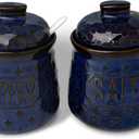GDCZ 10 Oz Ceramic Salt and Pepper Bowls Set with Lid and Spoons, Seasoning Container, Dishwasher Safe, Set of 2 (Blue)