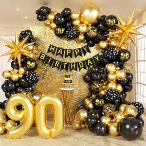 114pcs 90th Birthday Decorations for Men, 90th Birthday Decorations with 90th Birthday Banner Black Gold Confetti Birthday Balloons for 90 Year Old Birthday Decorations
