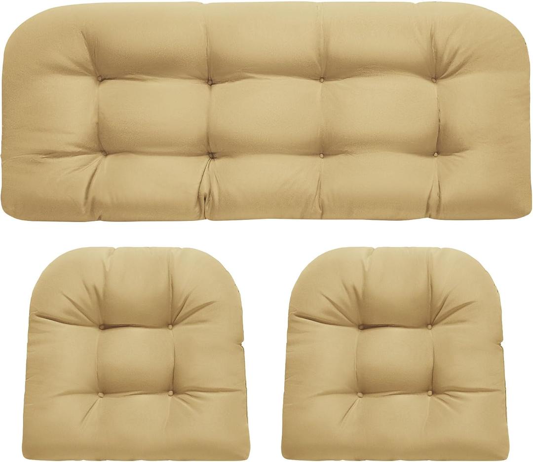 DANGHOOGY Wicker Chair Cushions, Waterproof Outdoor Loveseat Cushions for Patio Furniture, Tufted Wicker Furniture Cushions, 1 Loveseat and 2 U-Shaped Cushions, Khaki