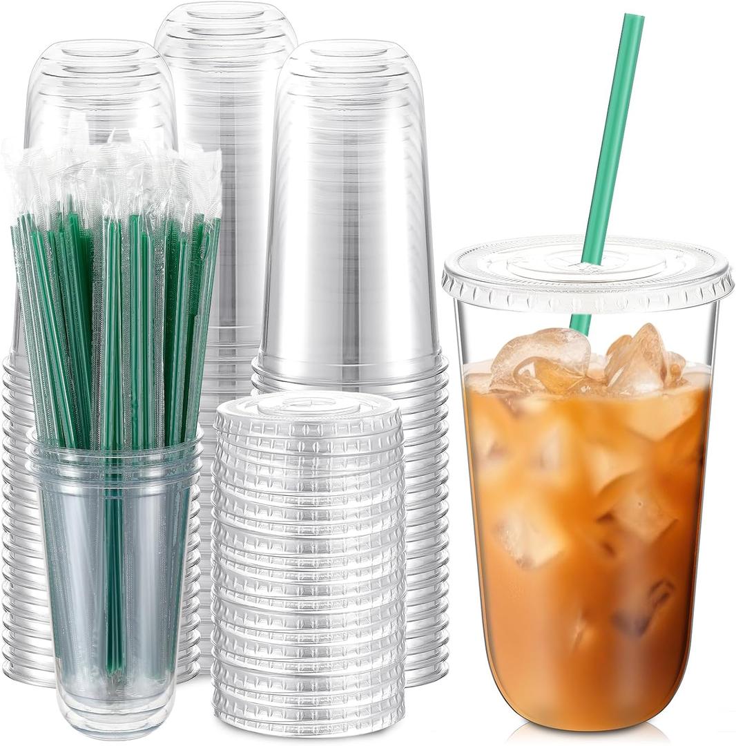 Baderke 100 Sets Clear Plastic Cups with Lids and Straws Disposable Plastic Iced Coffee Cups for Cold Beverage Juice Smoothie Coffee and Party Catering (18 oz)