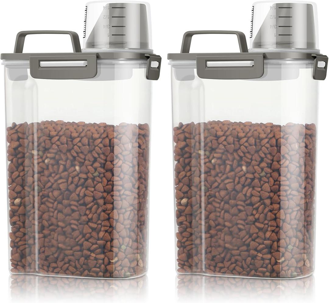 TBMax Small Dog Cat Food Storage Containers 2 Pack, Travel-Friendly Pet Food Container with Spout & Measuring Cup, Kid-Friendly Pet Feeding Dispenser, Portable Dog Treat Bird Seed Container -Grey