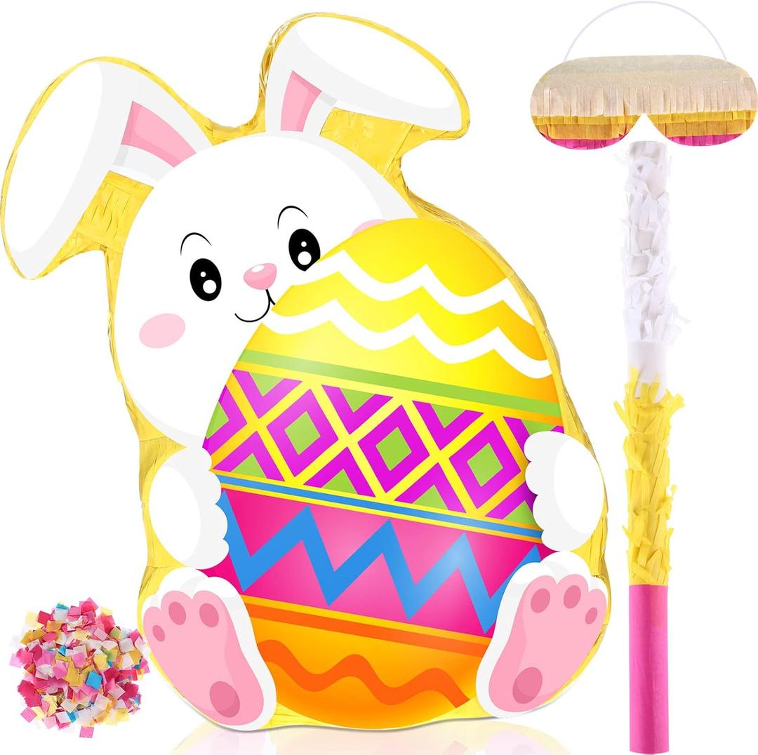 Bunny Easter Egg Piata with Blindfold, Bat and Filler, Funny Cute Bunny Party Favors for Cute Bunny Easter Egg Theme Kids and Adults Party Supplies Decoration (Cute)