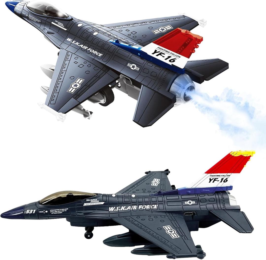 OTONOPI Fighter Jet Toy F-16 Toy Jets for Kids Military Plane Army Air Force Pull Back Fighter Toy diecast Metal Aircraft with Spray Effect Lights and Sounds for Boys Girls Age 3-12+ (F 16 Blue)