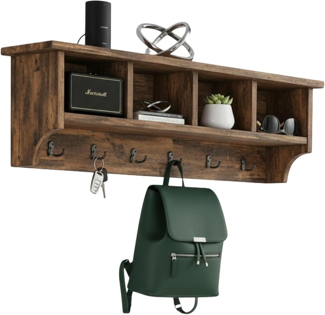 Alaterre Furniture Pomona Entryway Coat Rack Rustic Farmhouse 48-Inch Wall-Mounted Coat Rack with 6 Double Hooks & 4 Open Cubbies Solid Wood Mudroom Storage for Entryway or Hallway (Rustic Brown), Onesize