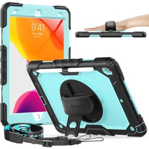 Timecity Case for iPad 9th/ 8th/ 7th Generation 10.2 inch - Heavy Duty Protective Cover with Screen Protector, Rotating Stand, Shoulder Strap & Pencil Holder | Kids-Friendly (Blue) (Black+ Light blue)