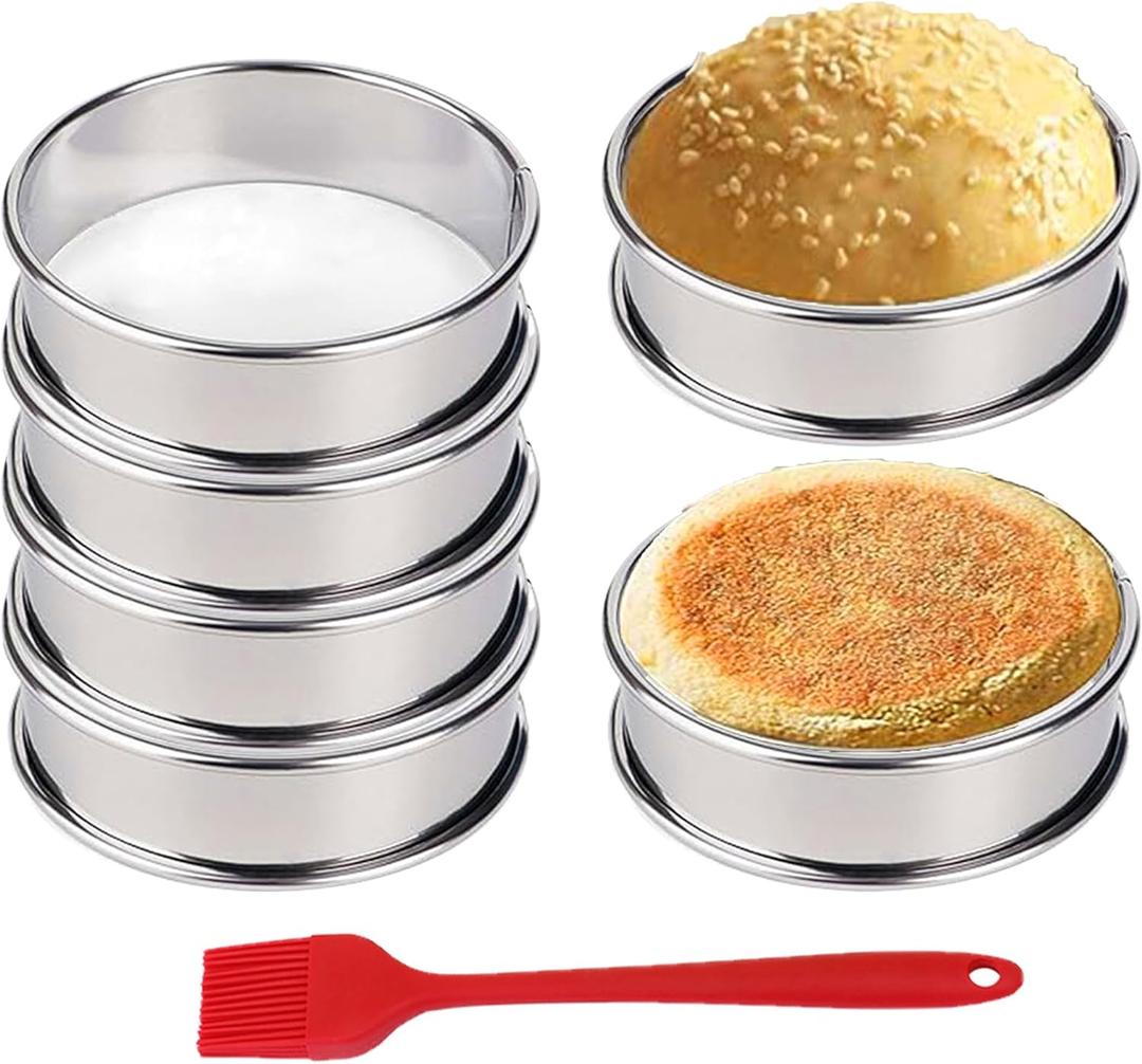 HLMOptimo English Muffin Rings, Stainless Steel Crumpet Rings, 4 inch 6 Pcs Nonstick Metal Round Ring Molds with Silicone Oil Brush