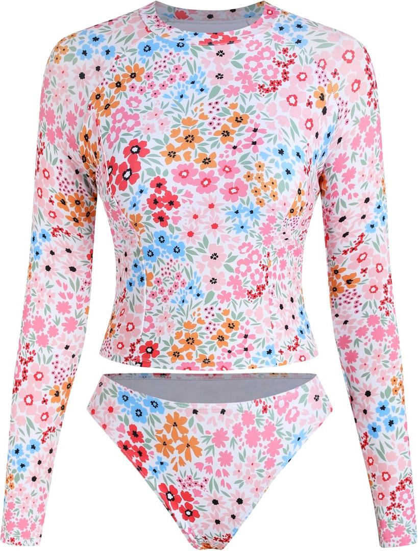 ZAFUL Womens Rash Guard Swimsuits Long Sleeve Sun Protection Bathing Suit Tropical Swim Shirts with Briefs Pink M