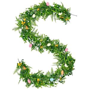 Artificial Easter Egg Grass Garland 5.7ft Spring Greenery Vine with Colorful Speckled Eggs and Yellow Flowers for Easter Decor, Mantel, Doorway, Table, and Party Decorations