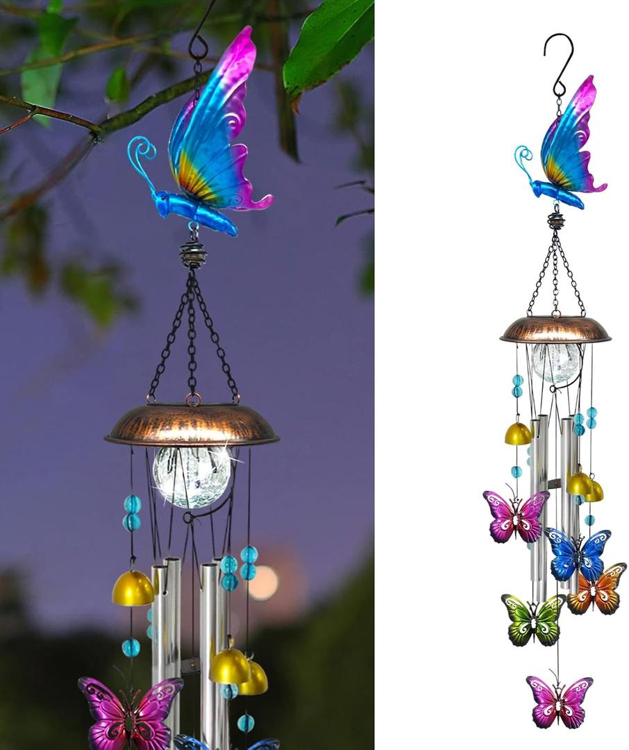 Solar Wind Chimes for Outside, 33.5 Inch Butterfly Wind Chimes Outdoors with Crackled Glass Ball Decorative Hanging in Garden, Yard, Patio