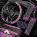 Hiseanllo 6PCS Purple Car Accessories Set, Carbon Fiber Microfiber Leather Steering Wheel Cover 14.5-15", Center Console Armrest Cover, Seat Belt Pads & Cup Holder Coasters, Universal Interior Decor