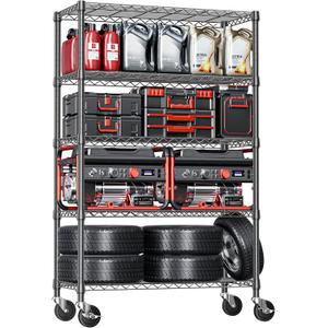 IZEUK 5-Tier Adjustable Heavy Duty Steel Wire Shelving Unit with Wheels, Storage Rack Organizer for Garage, Kitchen, Office, Laundry, Basement (Black, 17.7" D x 47.2" W x 76.7" H, 1750 lbs Capacity)
