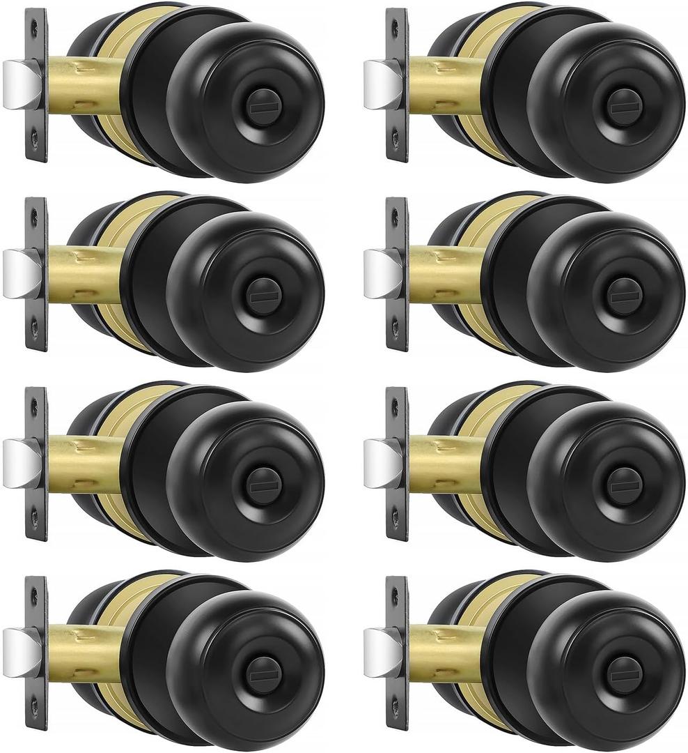 Privacy Door Knobs, 8 Pack Matte Black Door Knobs with Lock, Bed and Bath Door Knob Interior Keyless Locksets, Round Door Handles Reversible for Left Right Handed Doors