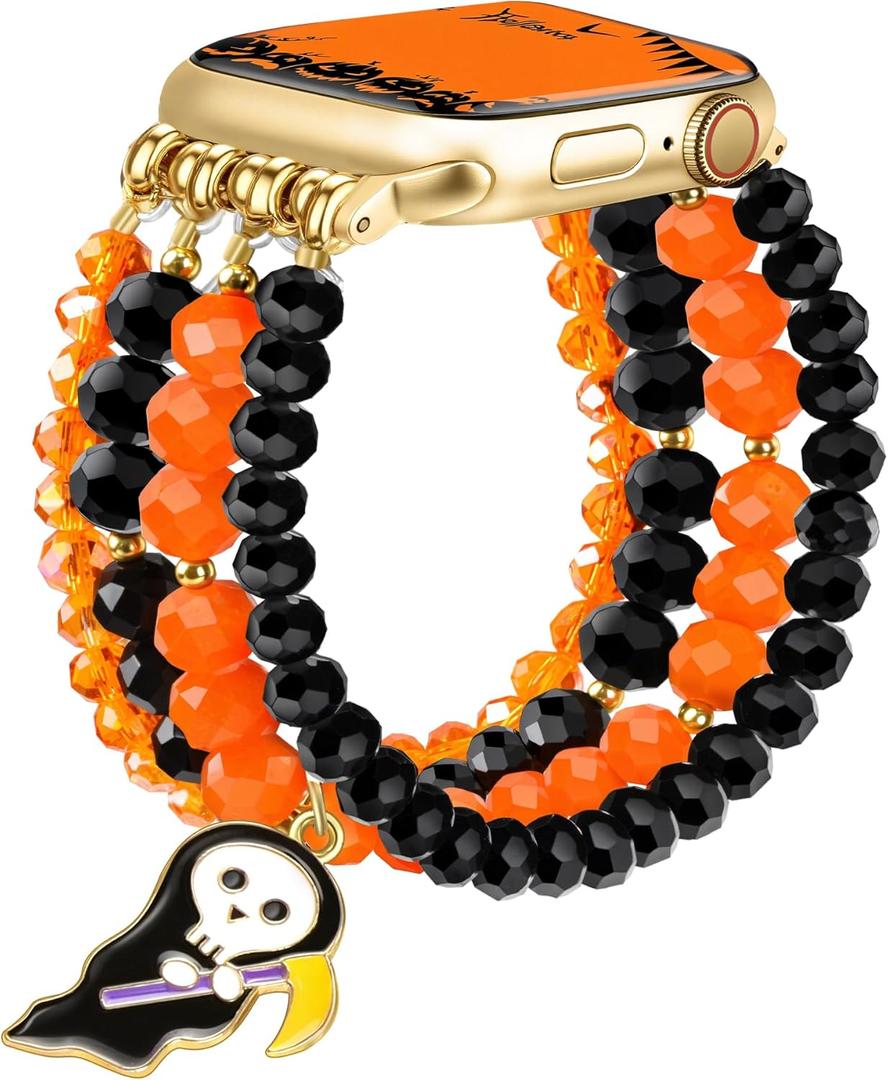 JR.DM Beaded Bracelet Bands for women Compatible with Apple Watch, Fashion Cute Dressy Stretchy Strap for iWatch, Size: 46(S10/11)/45/44/49/42mm(S1/2/3)-S, Halloween (Orange)