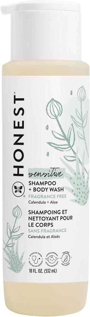 The Honest Company 2-in-1 Cleansing Shampoo and Body Wash for Sensitive Skin, Gentle Tear-Free, Hypoallergenic with Naturally Derived Ingredients, Fragrance-Free, 18 fl oz
