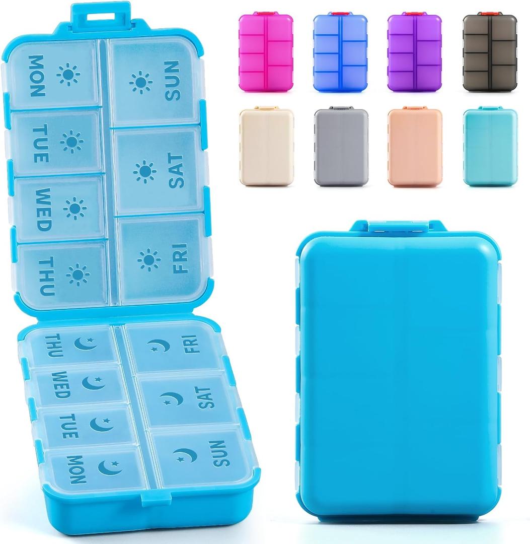 New Foldable & Double Protection Portable Weekly Pill Organizer 2 Times A Day with Etched Labels, AM PM 7 Day Week Medicine Box, Daily Travel Pill Case Holder Dispenser for Vitamin, Supplement - Blue