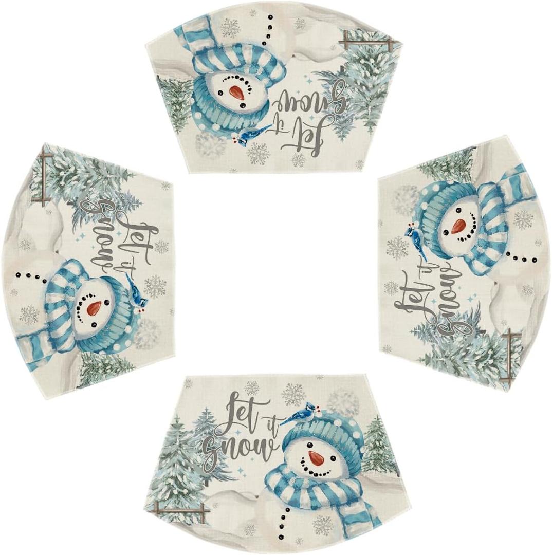 Artoid Mode Christmas Snowman Snowflakes Wedge Shape Placemats for Round Table Set of 4, Let It Snow Winter Seasonal Kitchen Dining Table Decoration for Indoor Party Home (12" x 18", Wedge 4 Pcs, Blue)