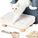 Litter Box Step, Litter Box Ramp with Removable Wooden Base  Anti-Tracking Ramp Catcher for Cats, Easy to Clean Cat Step for Small & Elderly Cats, with Scoop (White)