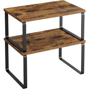 Cabinet Organizer Shelf, Set of 2 Kitchen Counter Shelves, Kitchen Storage, Spice Rack, Stackable, Expandable, Metal and Engineered Wood, Ink Black and Rustic Brown