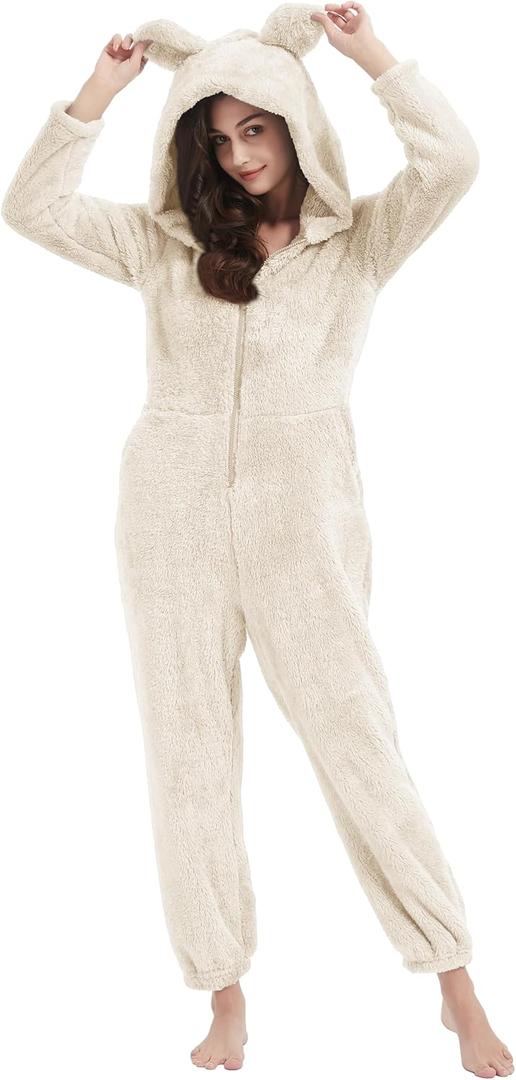 COZYPOIN Womens Fleece Onesies Pajamas Fuzzy Sherpa Adult Hooded One Piece Onesie Winter Romper Flannel Loungewear Sleepwear (L, Beige)