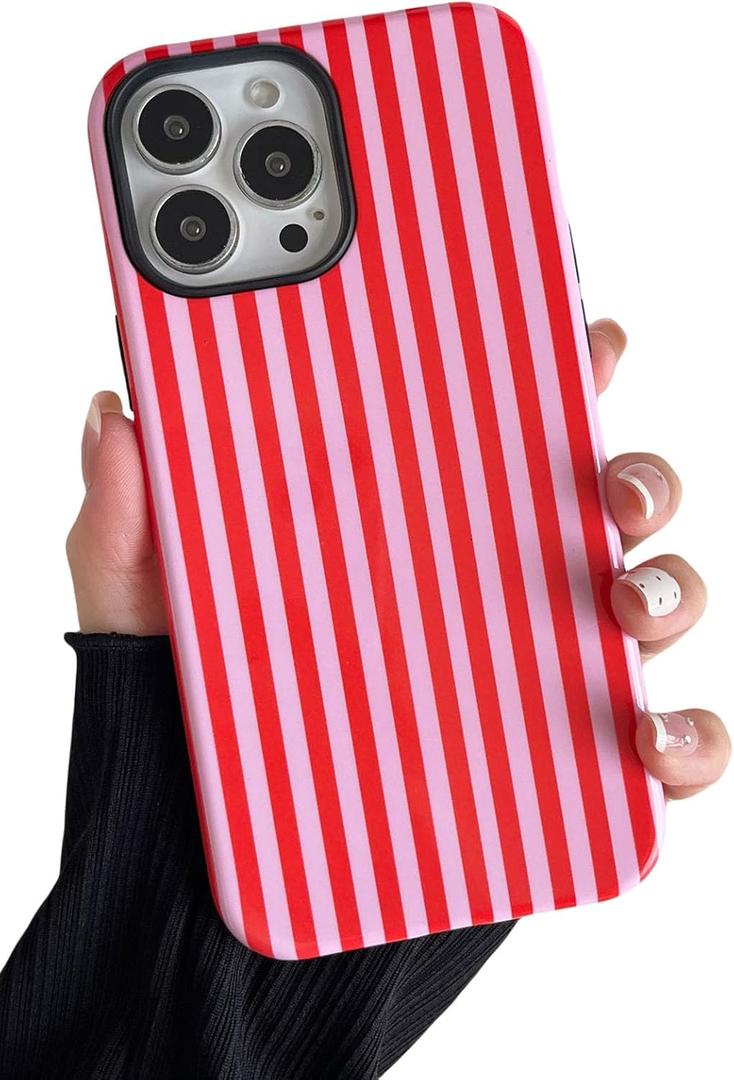 Compatible with iPhone 15 Pro Case Cute Aesthetic Striped Phone Case for Women Girl Shockproof Slim TPU and Hard PC Protective Cover (Pink and Red)