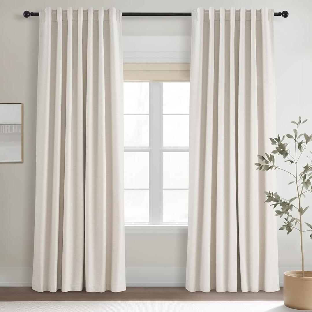 Topfinel Cream Linen Blackout Curtains 84 Inch Long for Bedroom Living Room, Ivory Pinch Pleat Back Tab Full Blackout Drapes Farmhouse Boho Curtains for Window, White Neutral Curtains 52" X 84" 7 FT (Birch)