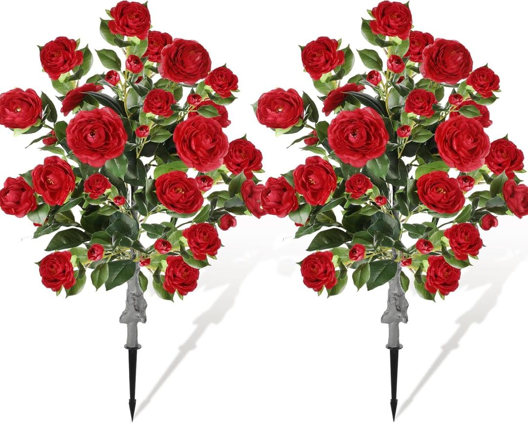 Lunmon 2 Pack 3ft Artificial Camellia Plants Tree 36" Faux Camellia Flower with Spike UV Resistant Realistic Fake Floral Blooming Bush for Indoor Outdoor Front Door Porch Backyard Garden, Burgundy