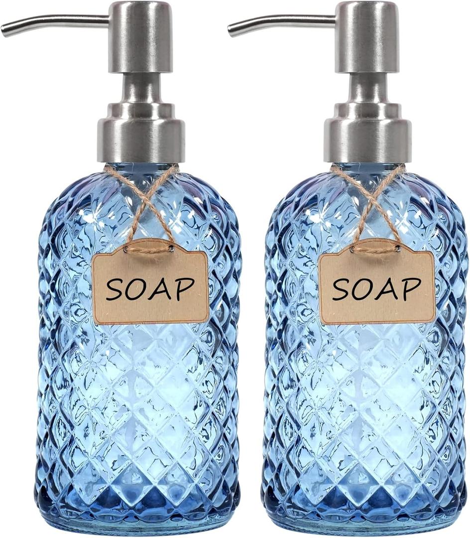 Funly mee Bathroom & Kitchen Glass Hand and Dish Soap Dispenser with 304 Rustproof Stainless Steel Pump (Blue), Pack Of 2