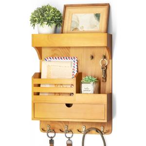 Modern Farmhouse Key Holder Wall Mount with Drawer Organizer  Pine Wooden Mail and Key Organizer with 6 Durable Hooks & Floating Wall Shelf  Ideal for Brightening Up Your Home Decor (Light Brown)