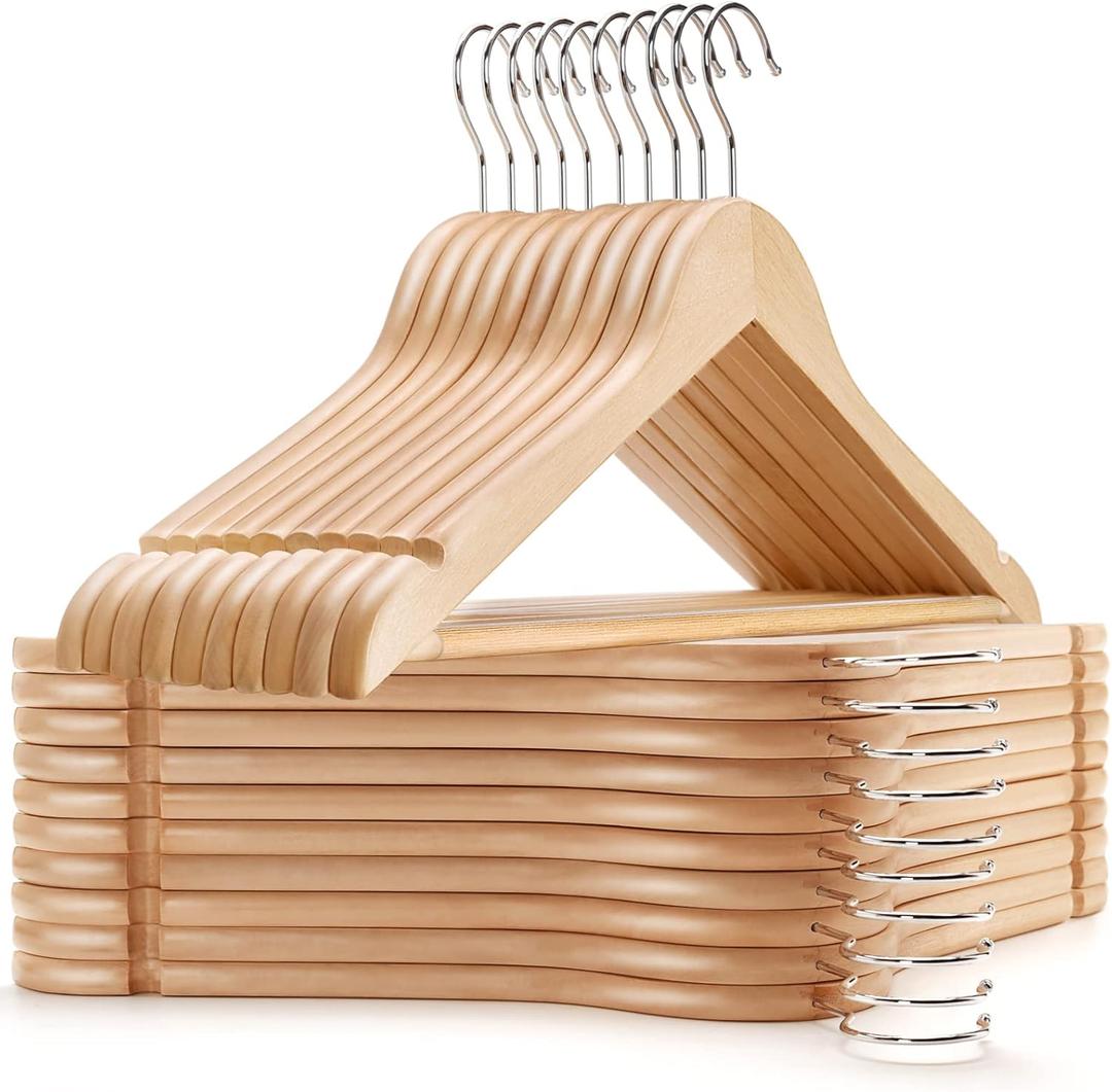 Amber Home 30 Pack Wooden Coat Hangers, Natural Wood Suit Hangers with Non Slip Pant Bar, Clothes Hangers for Shirts, Jackets, Dress, Pant (Natural, 30)