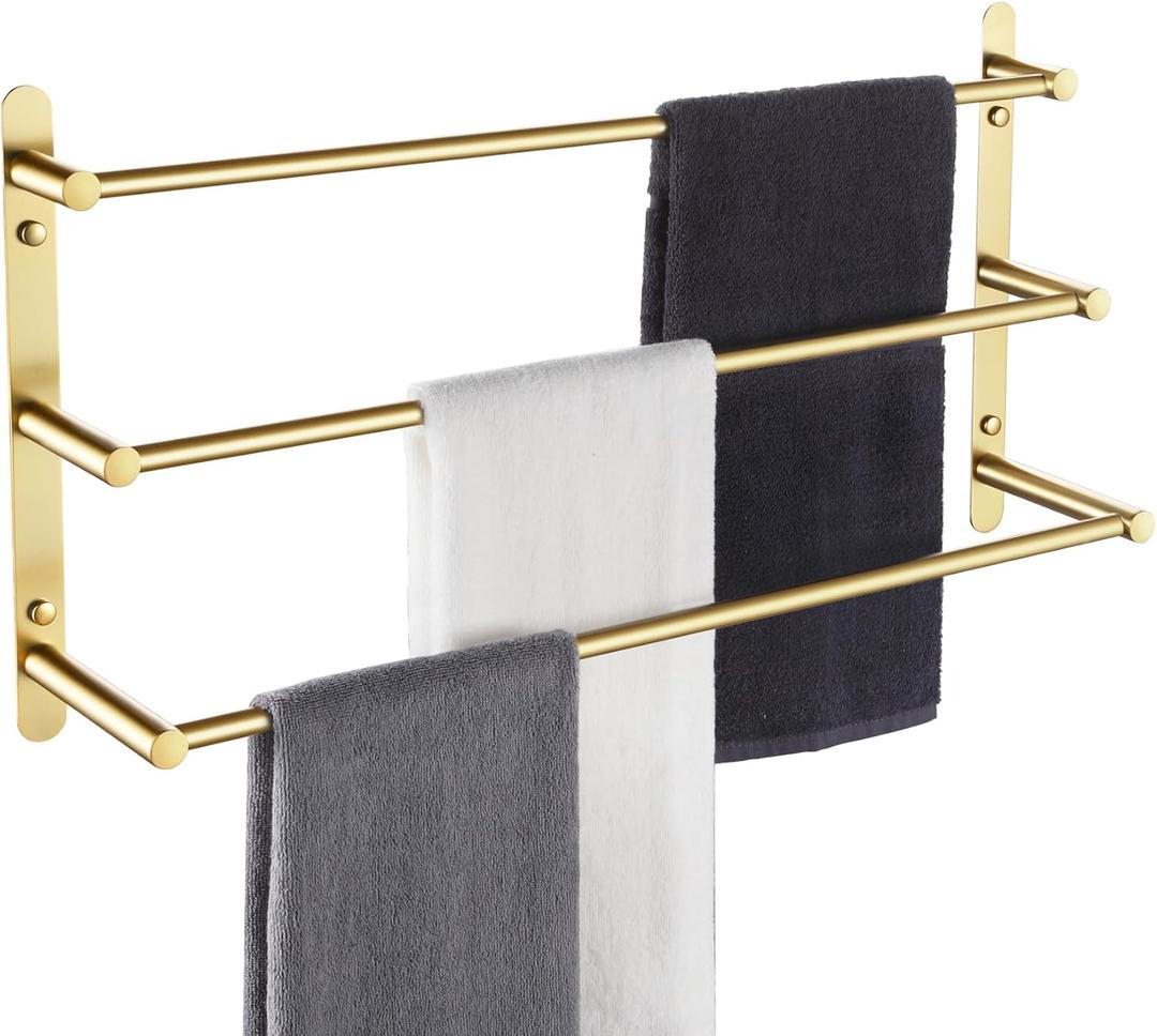 KOKOSIRI Bath Towel Bars Bathroom 3-Tiers Ladder Towel Holder Rails Wall Mounted Towels Shelves Rack Stainless Steel, Brushed Gold, B5002BG-L24