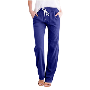 Summer Pants Women Full Length Pants Fashion Ladies Summer Casual Loose Cotton and Linen High Waisted Trousers Solid Color Drawstring Elastic Waist Loose Long Pants with Pocket Blue, M