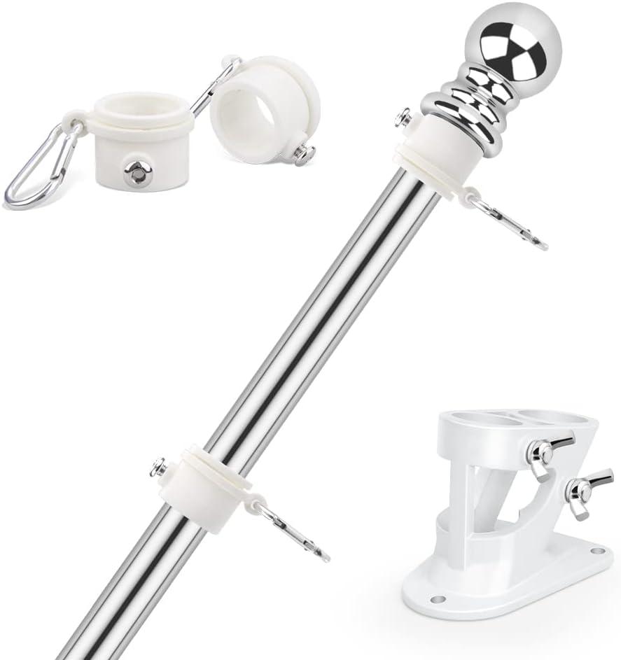 BonyTek Flag Pole Kit, 6ft Flagpole for American Flag, Stainless Steel Wall Mounted Flag Poles with Bracket and Rings for House Yard Garden Outdoor Residential or Commercial (Silver)