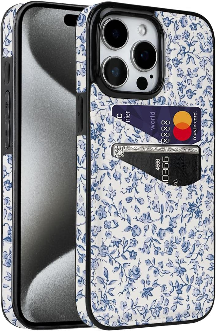 for iPhone 15 Pro Max 6.7 inch Case with Card Holder Soft Leather Wallet Case Protective Shockproof Hard Cover for Women Girls (Blue Floral, iPhone 15 Pro Max 6.7 inch)